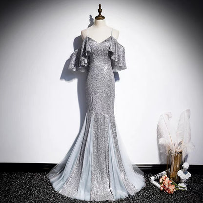 Long Formal Mermaid Silver Sequins Gown -DollyGown