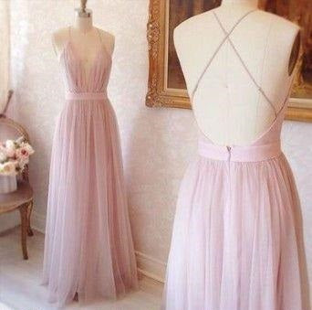 Plunge V neck Long Pink Prom Dress Tulle Prom Dress Backless Prom Dress 2021,MA191-Dolly Gown