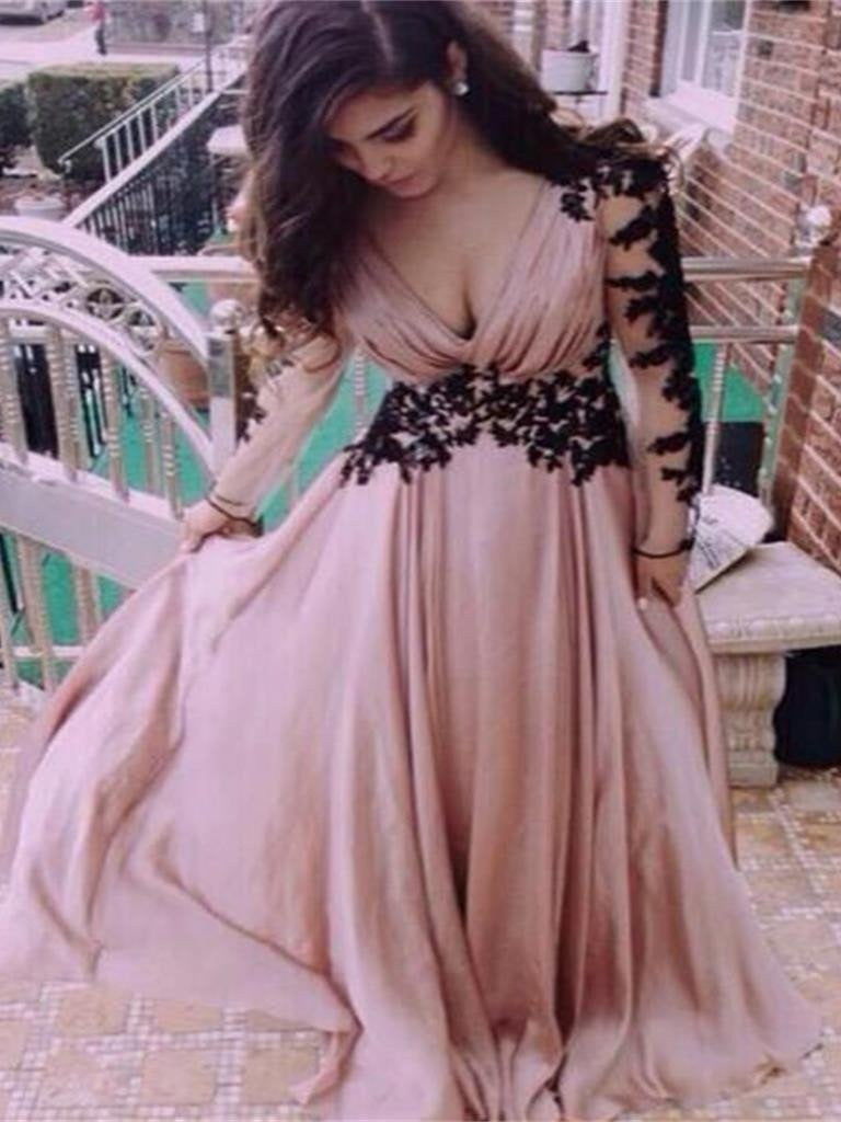 Long Sleeve Prom Dress Blush Pink Prom Dress with Sleeves Wedding Guest Dress MA023-Dolly Gown