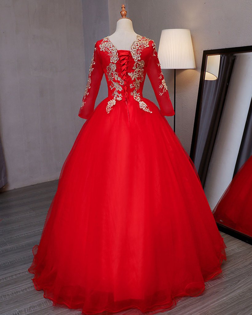 Long Sleeve Red Puffy Sweet 15 Dress Quinceanera Dress - DollyGown