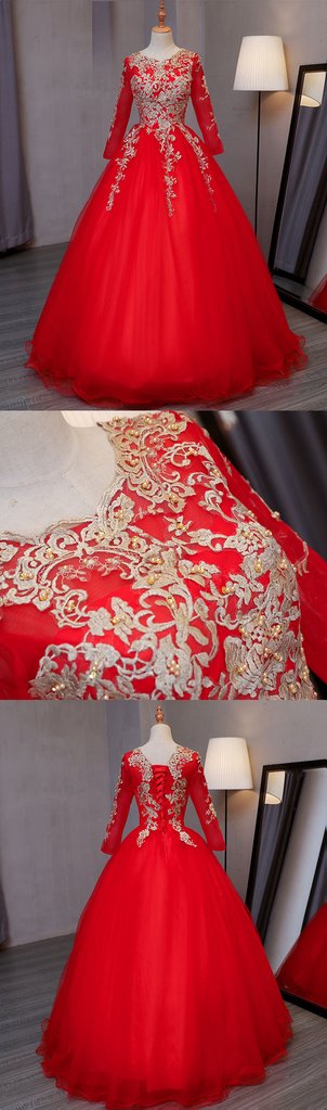 Red Ball Gown Floor Length Off Shoulder Long Sleeve Appliques Prom Dress