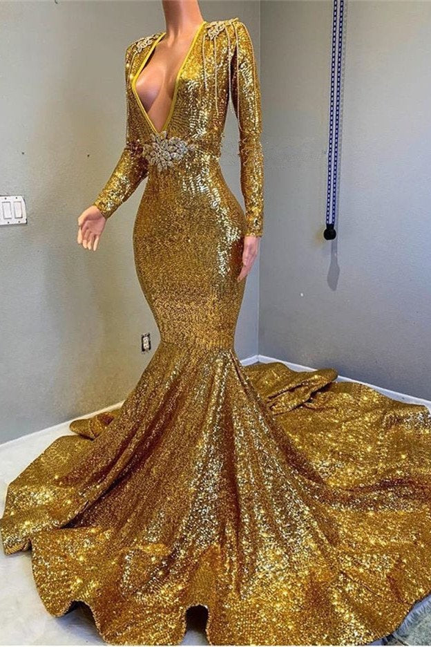 Long Sleeved Gold Sequins Prom Dress for Curvy Black Girls - DollyGown