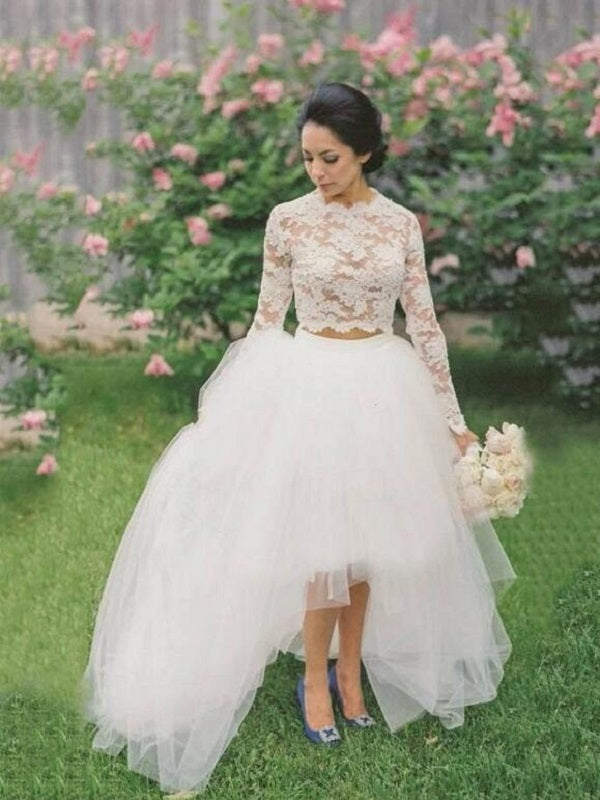 Long Sleeve High Low Two Piece Long Sleeved Crop Top Bridal Separates 20082210-Dolly Gown