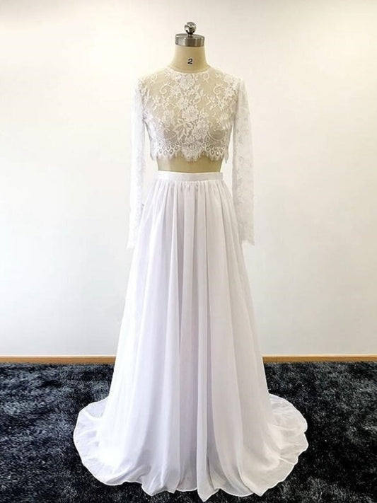 Long Sleeve See Through Lace Crop Top Bridal Separates with Chiffon Skirt 20082558-Dolly Gown