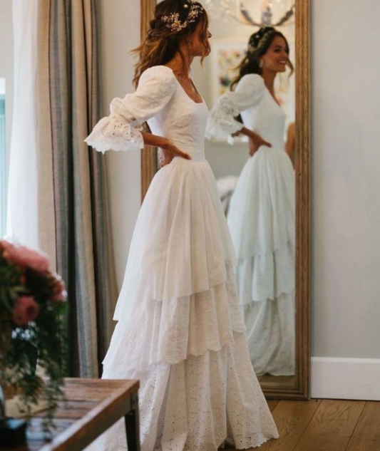 Long Vintage Wedding Dress with Sleeves - DollyGown