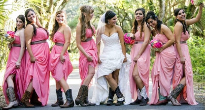 Long Chiffon Rustic Country Strapless Peach Bridesmaid Dresses with Boots,GDC1501-Dolly Gown