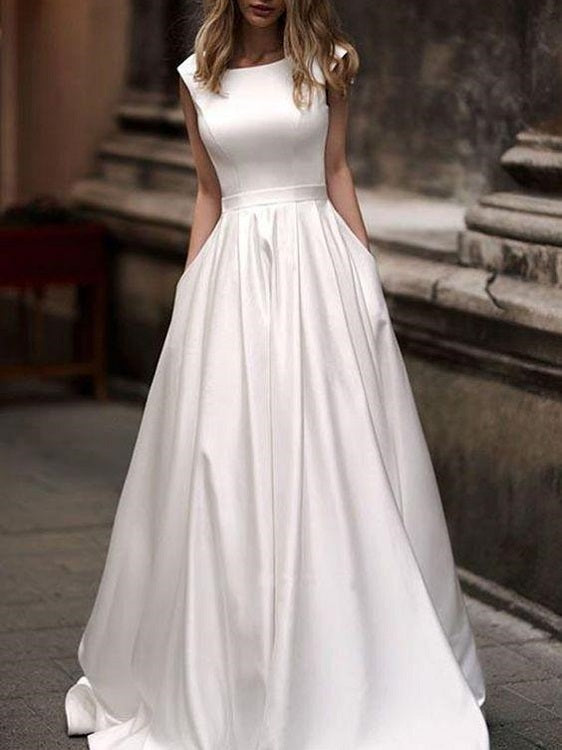 Long Vintage Bateau Neck Modest Satin Wedding Dress with Pockets Vestido de novia GDC1236-Dolly Gown