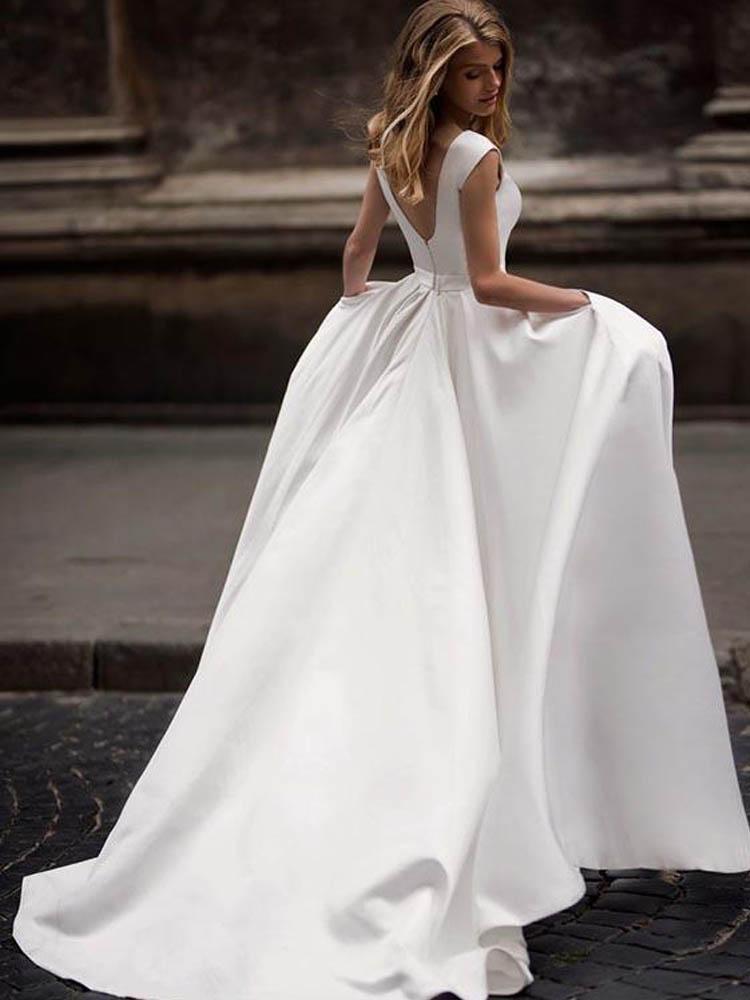 bateau neckline satin wedding dress Boat Neck Satin A-line Wedding Gown with Pockets loveangeldress