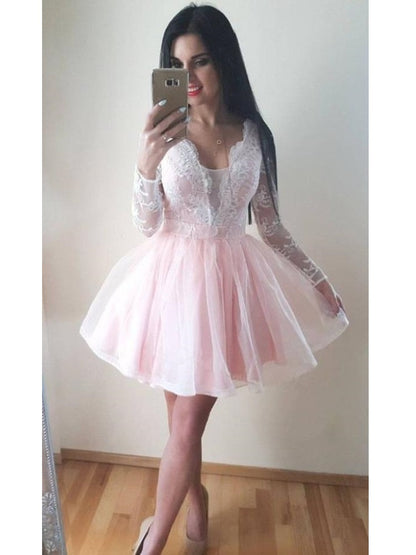 Lovely Pink Short Prom Dress with Long Sleeves 8th Grade Formal Dance Dress 20082016-Dolly Gown