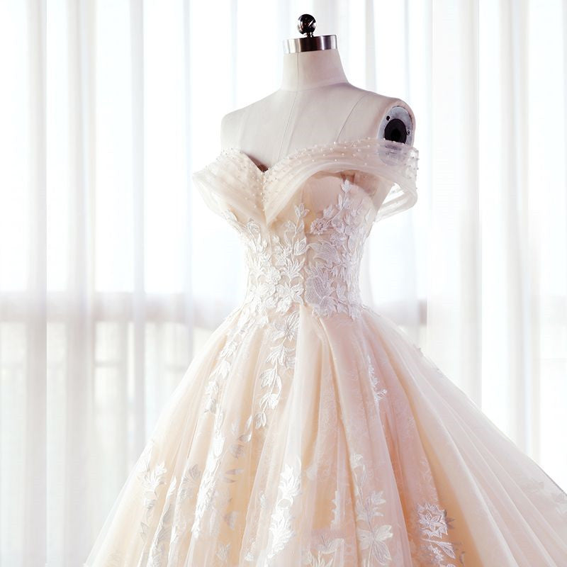 Luxury Champagne Lace Off Shoulders Poofy Ball Gown for Wedding Puffy Wedding Dress 20082203 Luxury Champagne Lace Off Shoulders Poofy Ball Gown for Wedding Puffy Wedding Dress 20082203