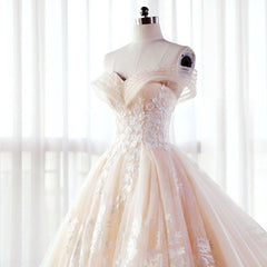 Luxury Champagne Lace Off Shoulders Poofy Ball Gown for Wedding Puffy Wedding Dress 20082203-Dolly Gown