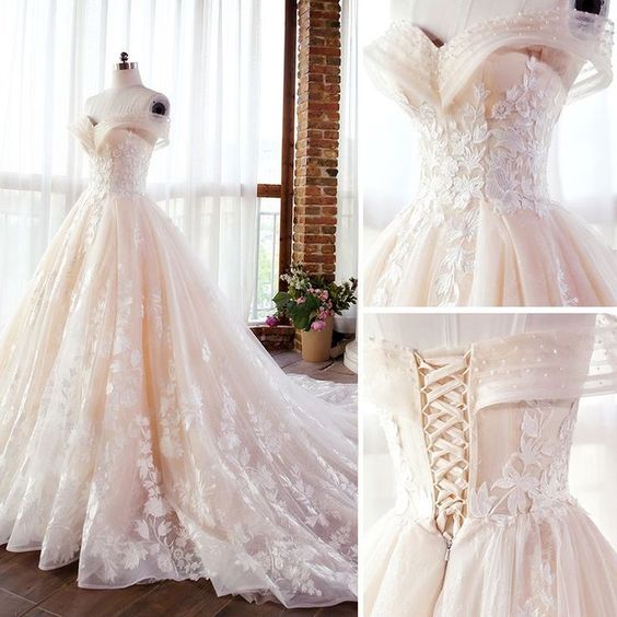 Luxury Champagne Lace Off Shoulders Poofy Ball Gown for Wedding Puffy Wedding Dress 20082203-Dolly Gown