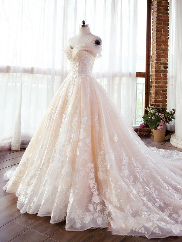 Luxury Champagne Lace Off Shoulders Poofy Ball Gown for Wedding Puffy Wedding Dress 20082203-Dolly Gown
