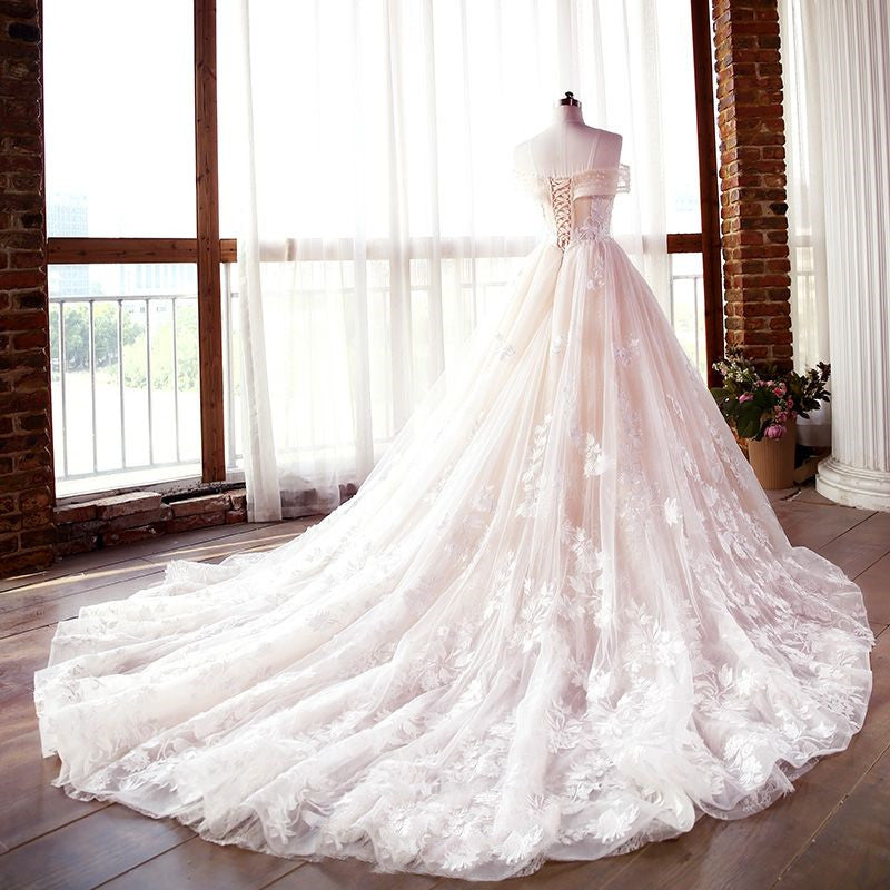 Luxury Champagne Lace Off Shoulders Poofy Ball Gown for Wedding Puffy Wedding Dress 20082203-Dolly Gown