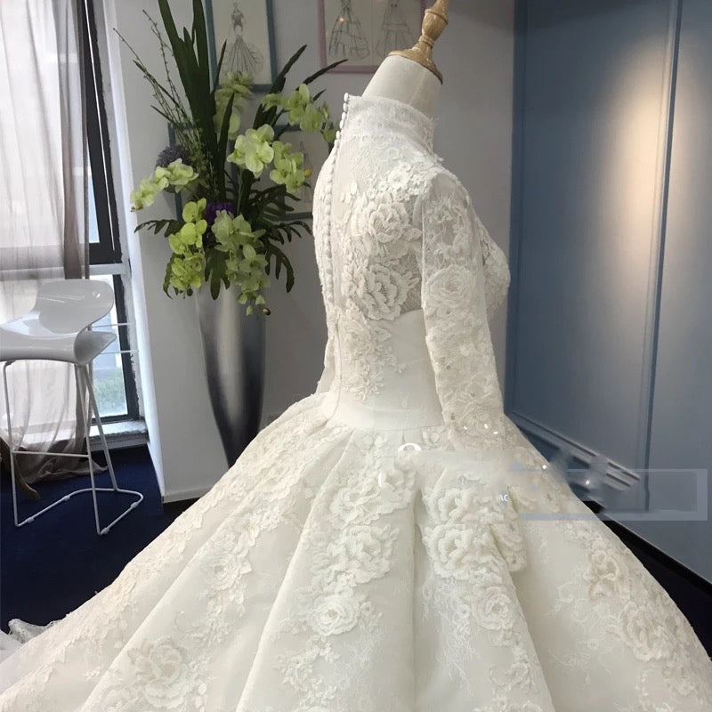 Luxury Muslim Modest Long Sleeve Lace Ball Gown Wedding Dress with Long Train #21011215-Dolly Gown