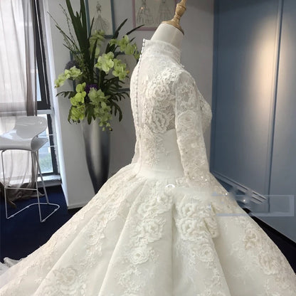 Luxury Muslim Modest Long Sleeve Lace Ball Gown Wedding Dress with Long Train #21011215-Dolly Gown