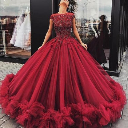 Luxury Ball Gown Burgundy Cap Sleeves Dazzling Beading Top Tulle Wedding Dress,GDC1129-Dolly Gown