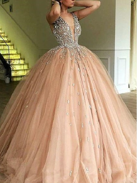 Luxury Ball Gown Champagne Tulle Dazzling Top Plunge V neck Prom Dress GDC1188-Dolly Gown