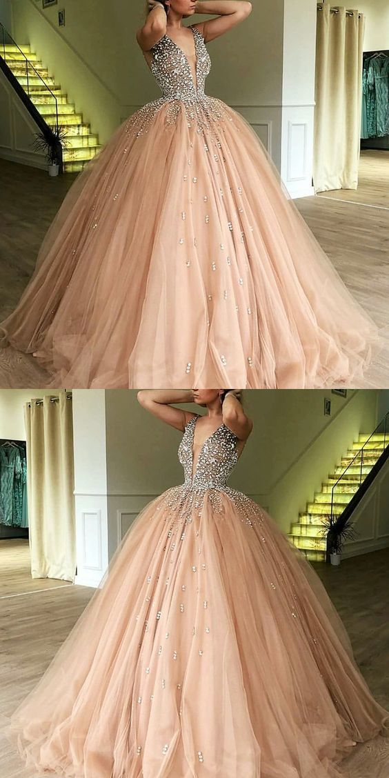 Luxury Ball Gown Champagne Tulle Dazzling Top Plunge V neck Prom Dress GDC1188-Dolly Gown