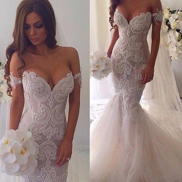Luxury Mermaid Off The Shoulder Tulle Bottom Lace Wedding Dress GDC1126-Dolly Gown