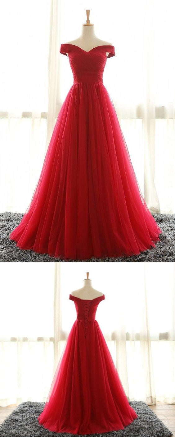 Off Shoulder Red A line Evening Prom Dresses, Long Tulle Party Prom Dr –  OkBridal