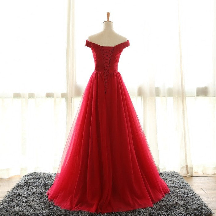 Red Off the Shoulder Prom Dress Long Tulle Prom Dress 2021 Prom Dress Robe De Soiree Pas Cher MA002-Dolly Gown