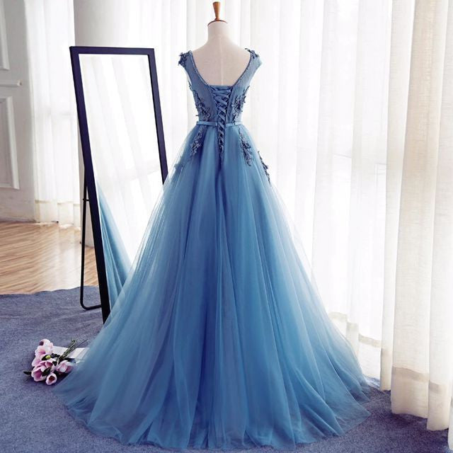 Cap Sleeved Top Blue A-line Tulle Maxi See Through Sheer Prom Dress Cap Sleeved Top Blue A-line Tulle Maxi See Through Sheer Prom Dress