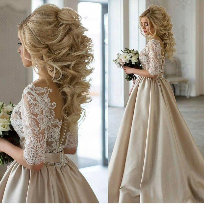 Champagne Wedding Dress, Champagne Prom Dress with Sleeves,Ball Gown Prom Dress,MA004-Dolly Gown