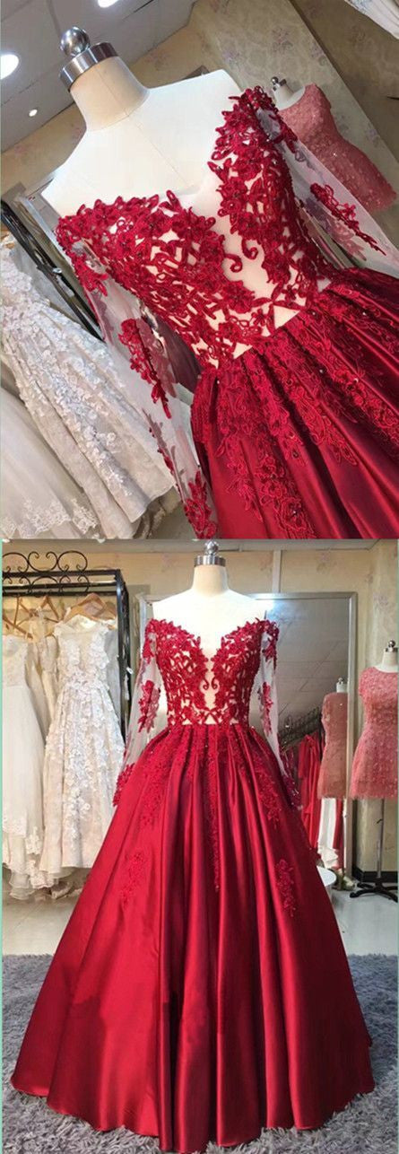 Red Satin Lace Top Ball Gown Prom Dress with Long Sleeves Red Satin Lace Top Ball Gown Prom Dress with Long Sleeves