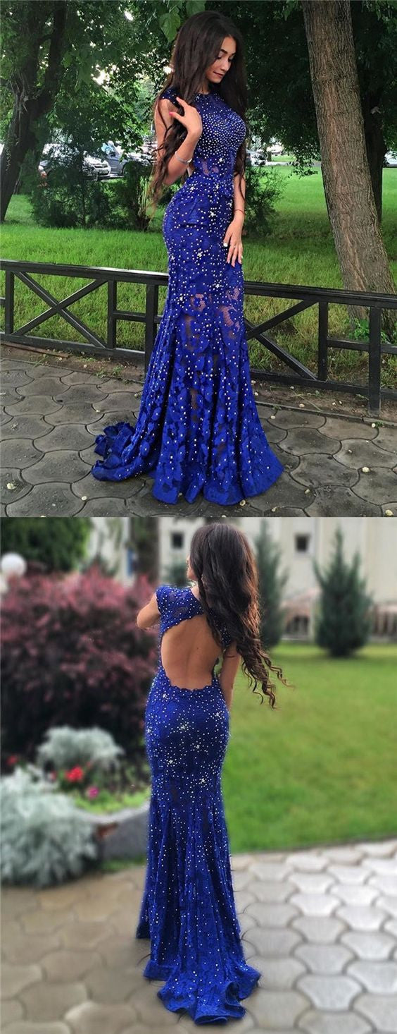 Royal Blue Formal Dress Lace Prom Dress Open Back Prom Dress Blue Prom Dress MA013-Dolly Gown