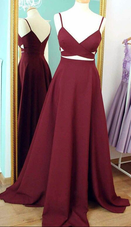 Burgundy Spaghetti Strap Burgundy Long A-line Prom Dress main image 1