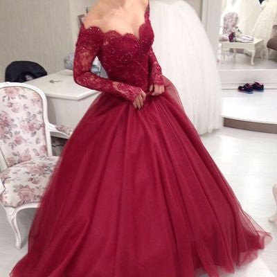Ball Gown Prom Dress,Burgundy Prom Dress,Off The Shoulder Prom Dress,Long Sleeve Prom Dress,MA021-Dolly Gown