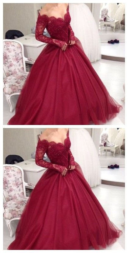 Red Lace Floor Length Ball Gown,v Neck Evening Dress,long Sleeve  Quinceanera Gown,a Line Wedding Dress,custom Prom Dress - Etsy