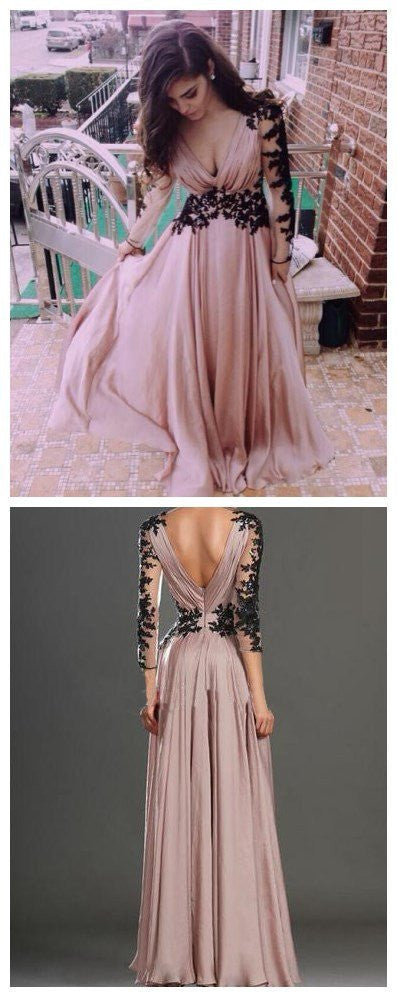 Long Sleeve Prom Dress Blush Pink Prom Dress with Sleeves Wedding Guest Dress MA023-Dolly Gown
