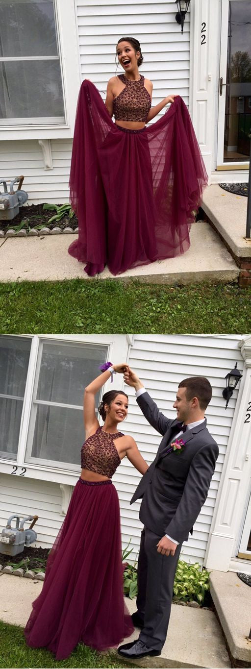 Juniors Two Piece Maroon Long Prom Dress with Tulle Skirt Juniors Two Piece Maroon Long Prom Dress with Tulle Skirt