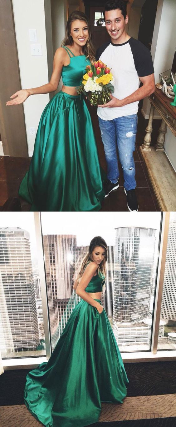 Emerald Green Two Piece Satin Crop Top Ball Gown Prom Dress Emerald Green Two Piece Satin Crop Top Ball Gown Prom Dress