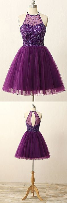 Purple Juniors Bead Halter Top Short Prom Dress