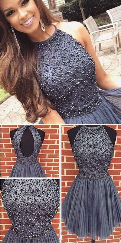 Grey Short Bead Homecoming Dress with Open Back | 8th Grade Graduation Dress Knee Length Grey Short Bead Homecoming Dress with Open Back | 8th Grade Graduation Dress Knee Length
