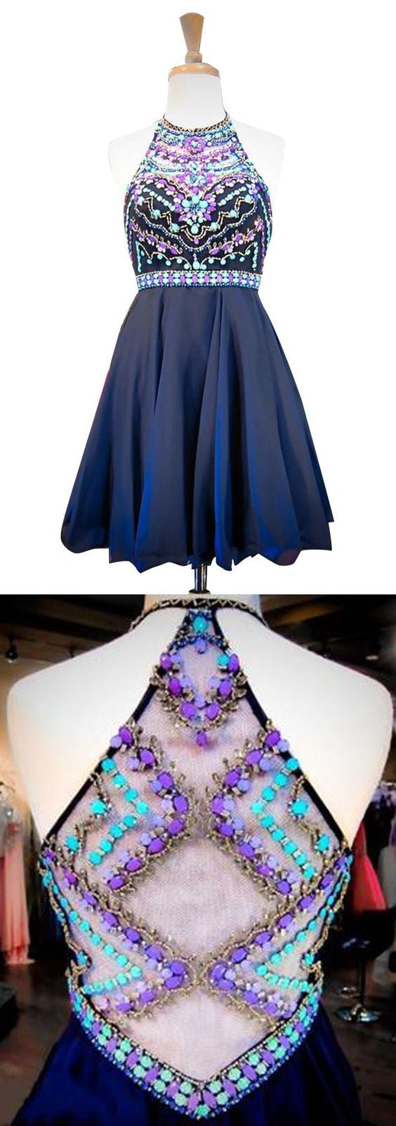 Navy Blue Homecoming Dress Short Prom Dress for Teens Beaded Prom Dress MA033-Dolly Gown
