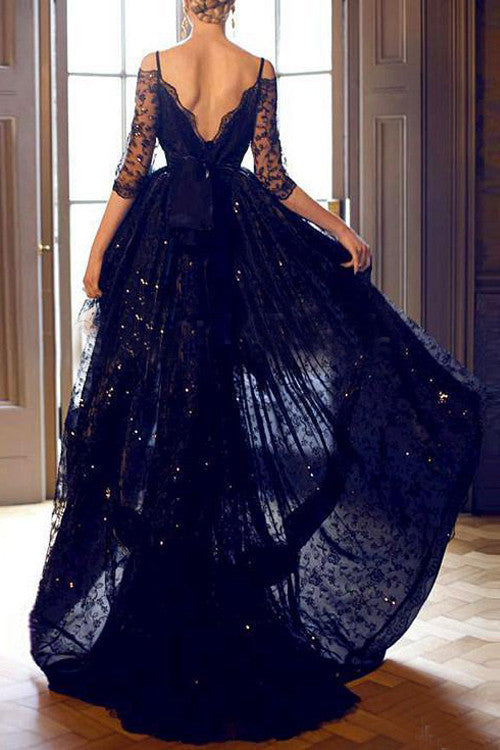 Hi-Lo Off Shoulder Black Lace Prom Dress with Sleeves