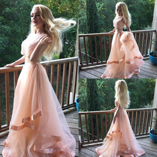 Peach Prom Dress Two Piece Prom Dress Long Freshman Homecoming Dress MA036-Dolly Gown