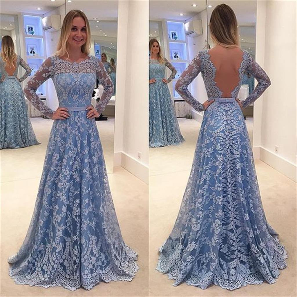 Blue Prom Dress,Lace Prom Dress,Long Sleeve Prom Dress,Backless Prom Dress,MA039-Dolly Gown