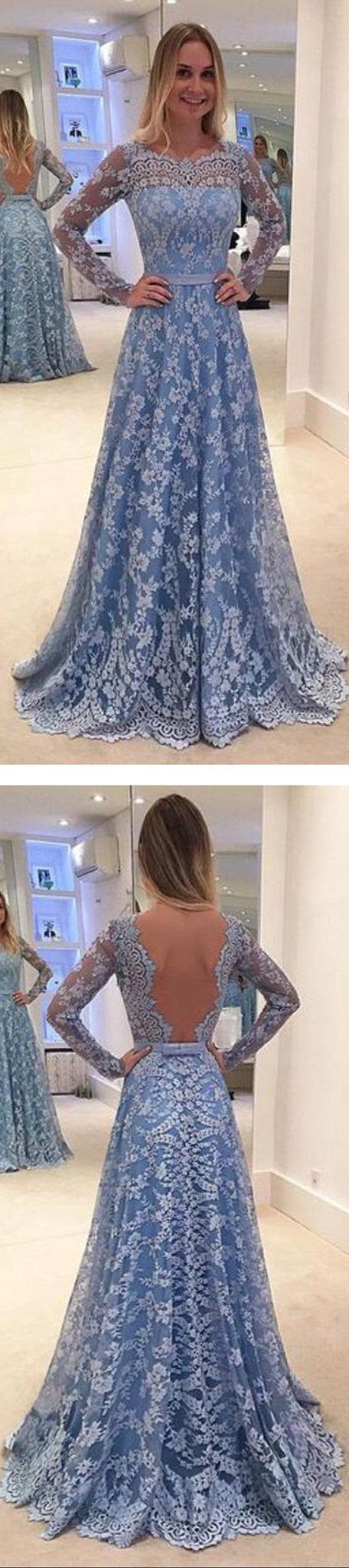 Blue Prom Dress,Lace Prom Dress,Long Sleeve Prom Dress,Backless Prom Dress,MA039-Dolly Gown