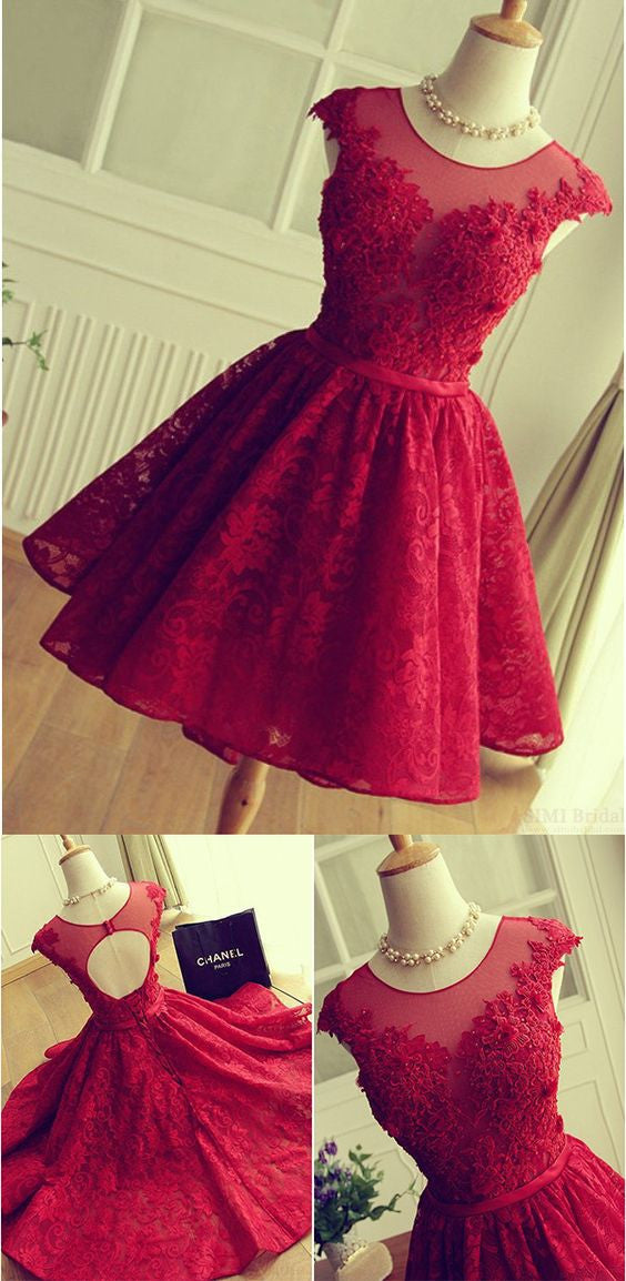 Cute Strapless Red Lace Short Prom Dresses, Red Lace Homecoming