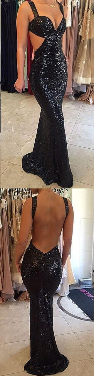 Black Low Back Sequins Mermaid Sexy Prom Dress Black Low Back Sequins Mermaid Sexy Prom Dress