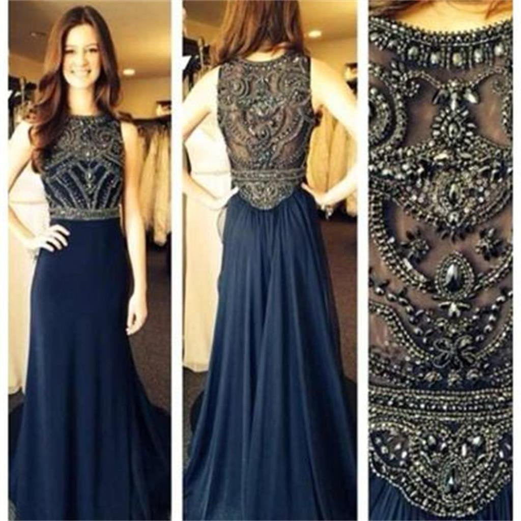 Chic Dark Navy Embroidery Long Prom Dress,DP1915