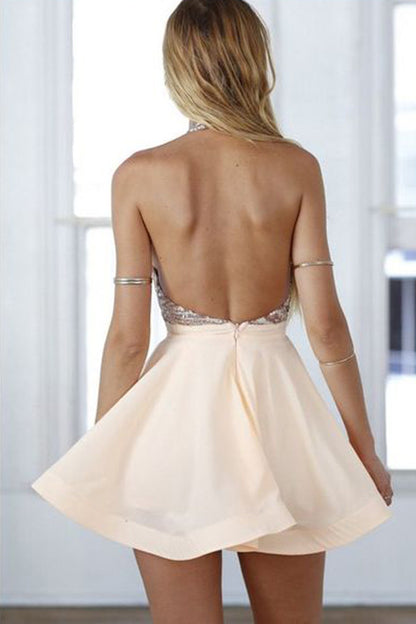 Champagne Short Prom Dress for Teens Short Homecoming Dress Backless Homecoming Dress MA074-Dolly Gown
