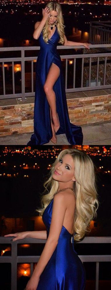 Navy Blue Evening Dress Sexy Formal Dress Sexy Side Slit Prom Dress with Slit MA075-Dolly Gown