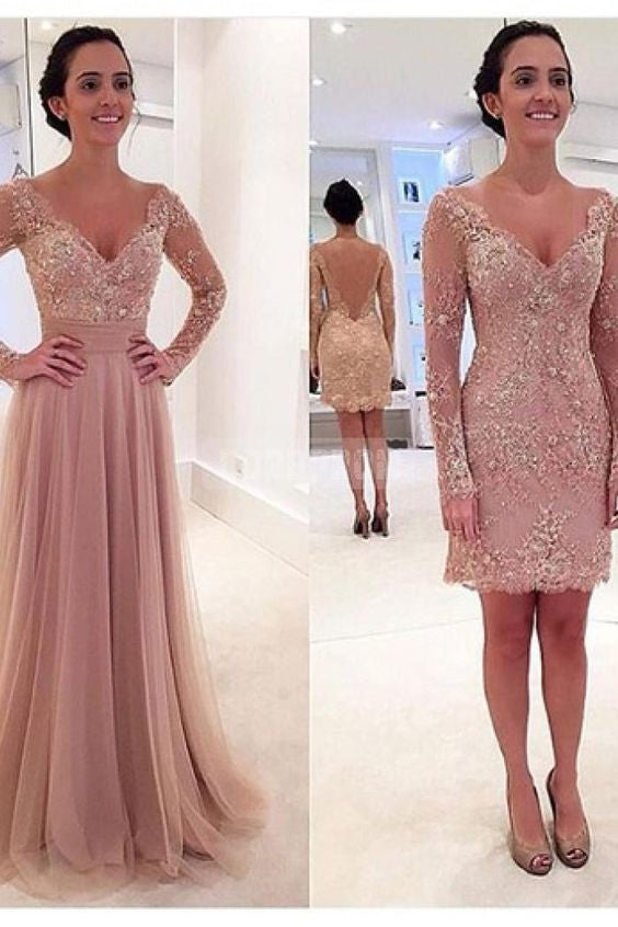 Dusty Pink Prom Dress, Prom Dress With Detachable Train, Long Sleeve Prom Dress ,Long Prom Dress,MA078-Dolly Gown