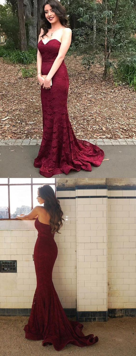 Burgundy Strapless Lace Mermaid Formal Dress with Court Train Burgundy Strapless Lace Mermaid Formal Dress with Court Train